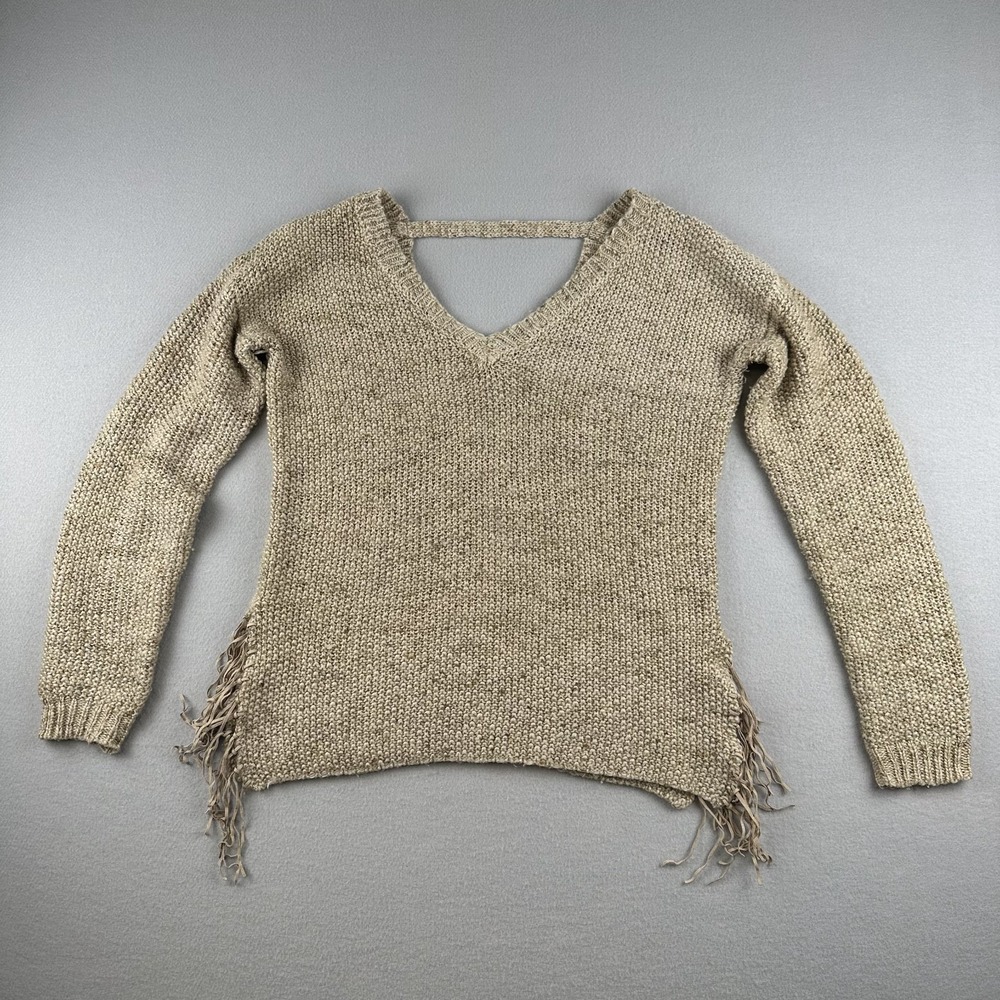 BKE Women's L Tan Open Knit Fringe Hem V-Neck Open Back Sweater Long Sleeve Wool